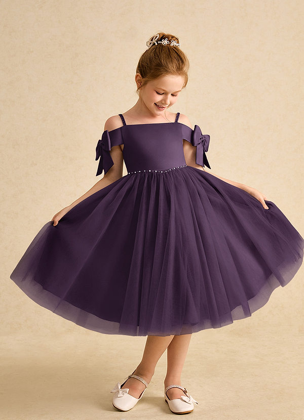 Azazie Amie Flower Girl Dresses Plum A-Line Off the Shoulder Matte Satin Dress image1