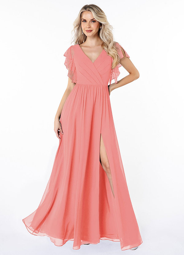 Azazie Zella Bridesmaid Dresses Coral A-Line Lace Chiffon Dress image1