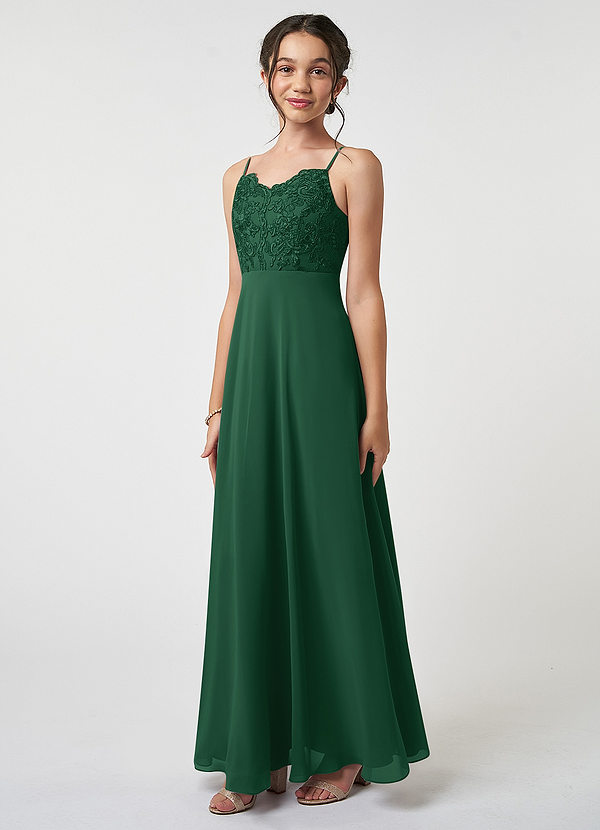 Azazie Sonya Junior Robe Trapèze en Mousseline de soie Dentelle Vert Foncé image1