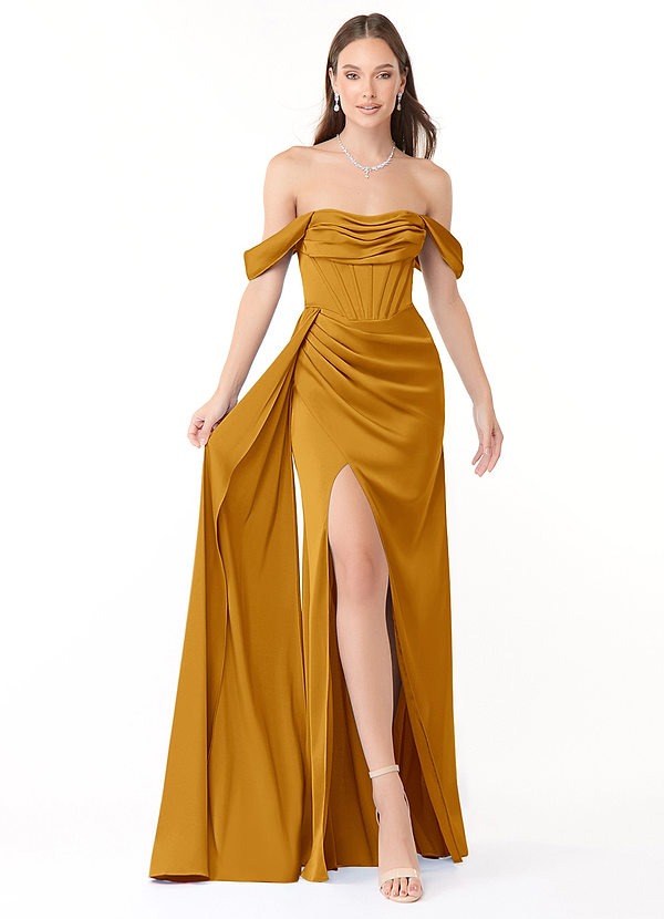 Azazie Amyra Bridesmaid Dresses Butterscotch Fitted Convertible Stretch Satin Dress image1