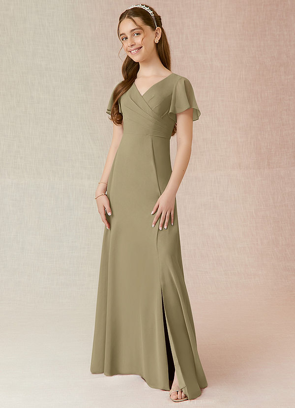 Azazie Induh Junior Moss Green A-Line Ruched Chiffon Dress image1