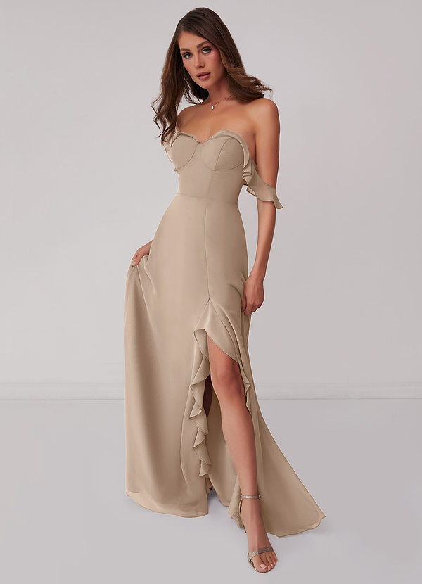Barbie ♥ Azazie Bridesmaid Dresses Taupe A-Line Off the Shoulder Chiffon Convertible Dress image1