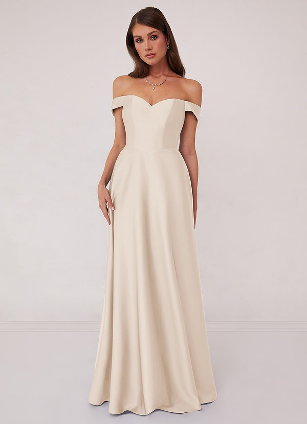 Barbie ♥ Azazie Bridesmaid Dresses White Alabaster A-Line Off the Shoulder Stretch Satin Convertible Dress image1
