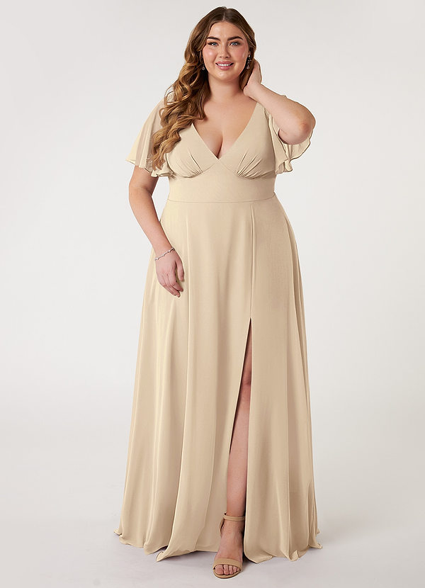 Azazie Kimber Bridesmaid Dresses Champagne A-Line Flounce Sleeve Chiffon Dress image1