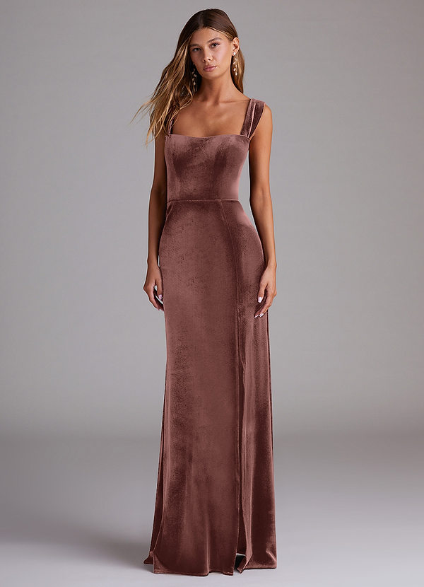 Azazie Junia Bridesmaid Dresses Espresso Sheath Off the Shoulder Velvet Convertible Dress image1