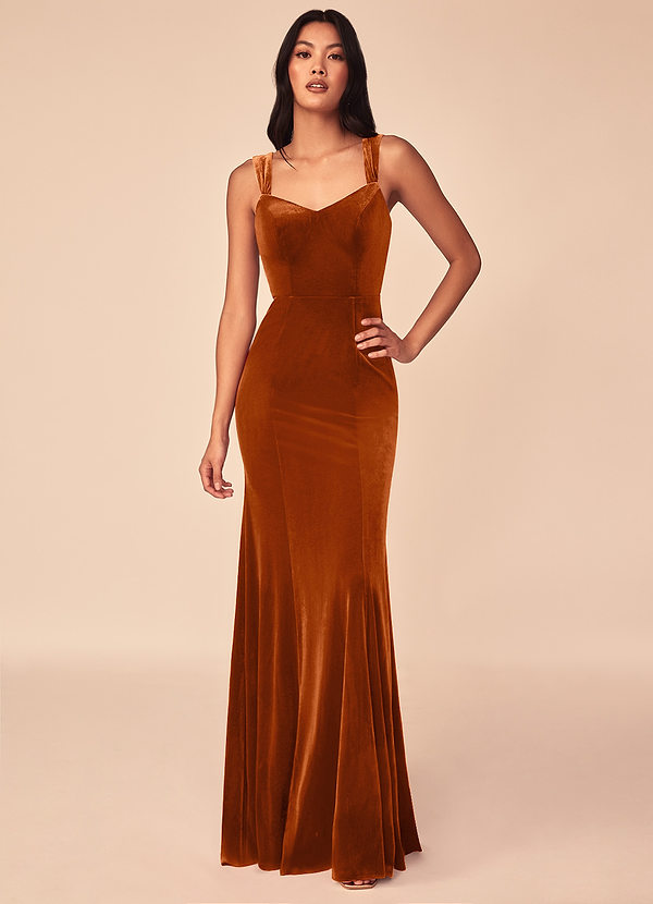 Azazie Lanessa Bridesmaid Dresses Burnt Orange Mermaid V-Neck Keyhole Back Velvet Dress image1