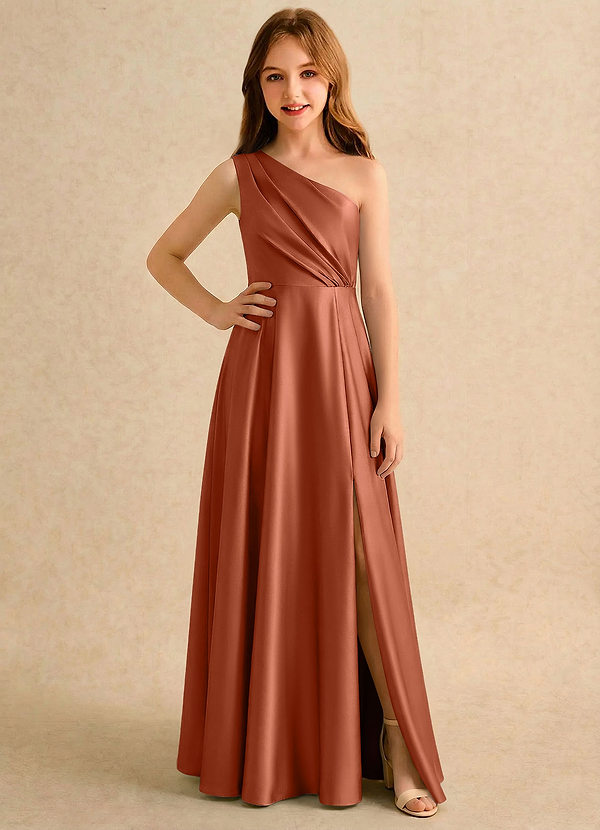 Azazie Puddles Girls Formal Flower Girl Dresses Cedar Rose A-Line One Shoulder Stretch Satin Dress image1