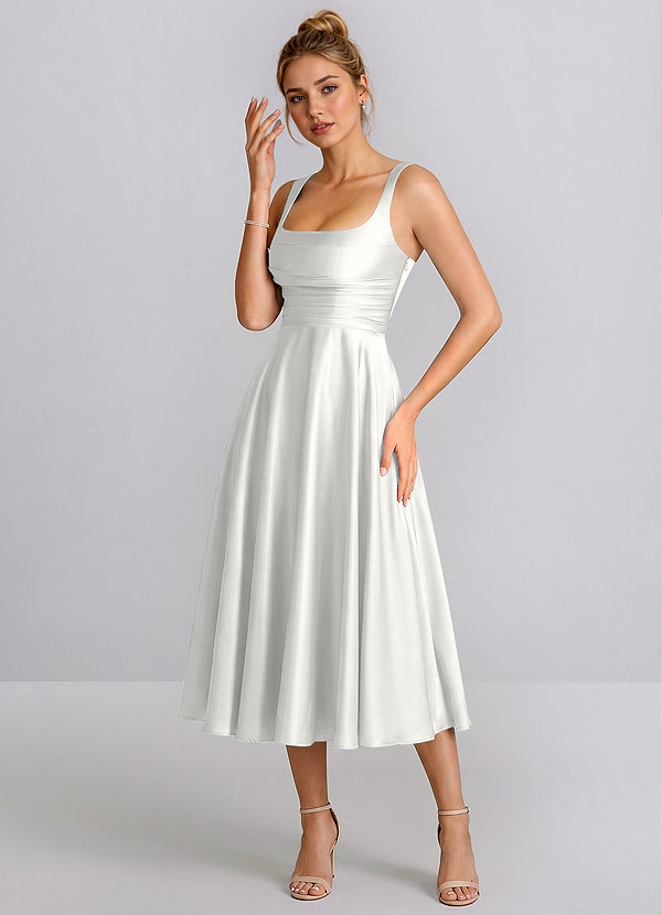 Ines Blanc Robe midi trapèze en satin à encolure carrée et lacets image1
