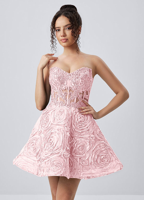 Mathilde Różowy Sukienka mini z gorsetem i siateczką 3D Rose bez ramiączek i rozkloszowaną spódnicą image1