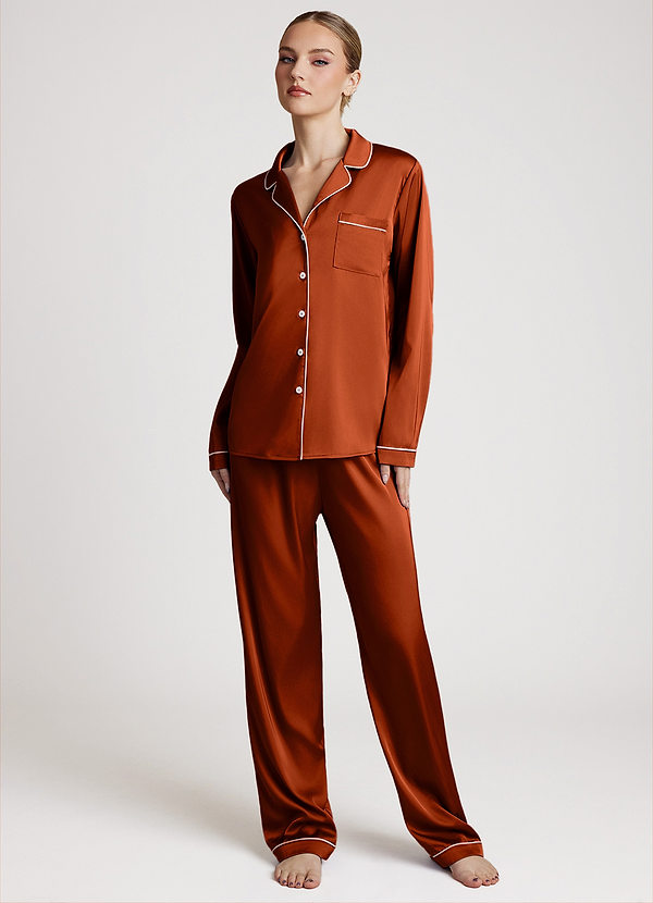 front Paprika Long Sleeves and Pants Satin PJ Set