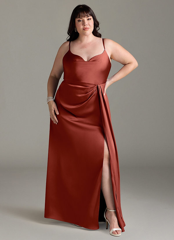 Azazie Brielle Bruidsmeisjes Jurken Jurk van Stretch Satijn met A-Lijn Kap spaghettibandjes Terracotta image1