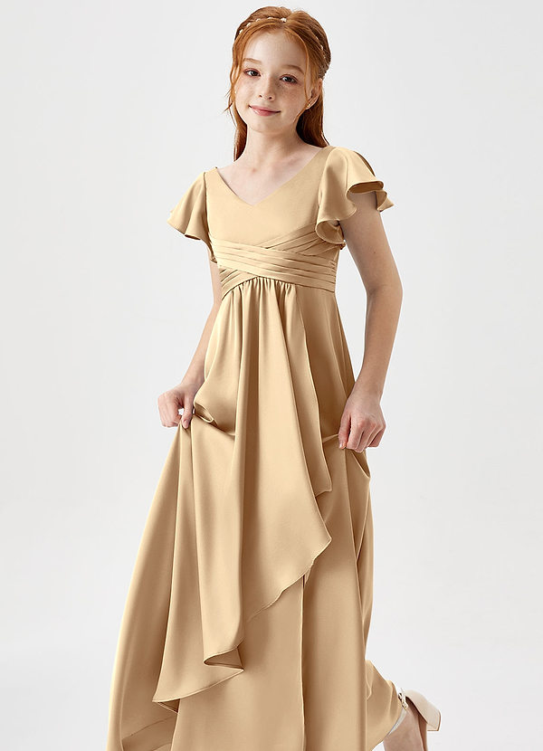 Omari Junior Champagne A-Line Pleated Stretch Satin Dress image1