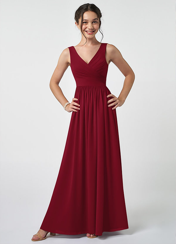 Azazie Keyla Junior Burgundy A-Line Pleated Chiffon Dress image1