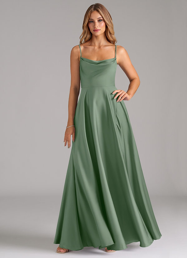 Azazie Elle Bridesmaid Dresses Matcha A-Line Pleated Stretch Satin Dress image1
