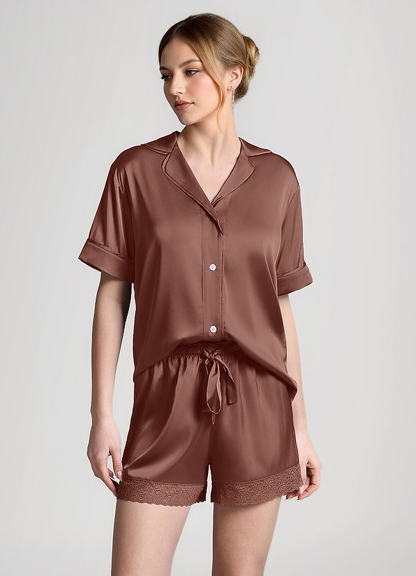 front Espresso Satin Lace Trim Short Sleeve Pajama Set