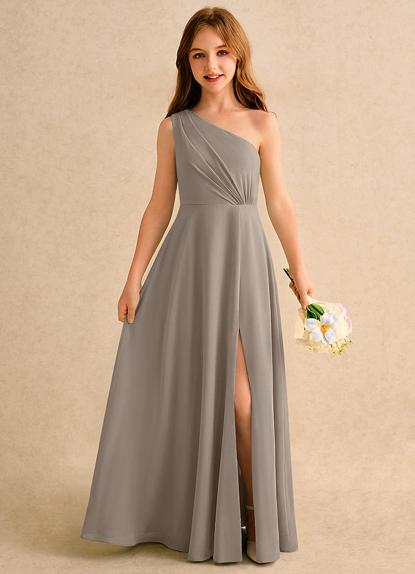 Azazie Puddles Girls Formal Robes de Fillette d'Honneur Robe Trapèze en Mousseline de soie Une épaule Taupe image1