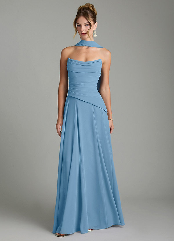 Azazie Gabriela Bridesmaid Dresses Steel Blue A-Line Corset Chiffon Dress image1