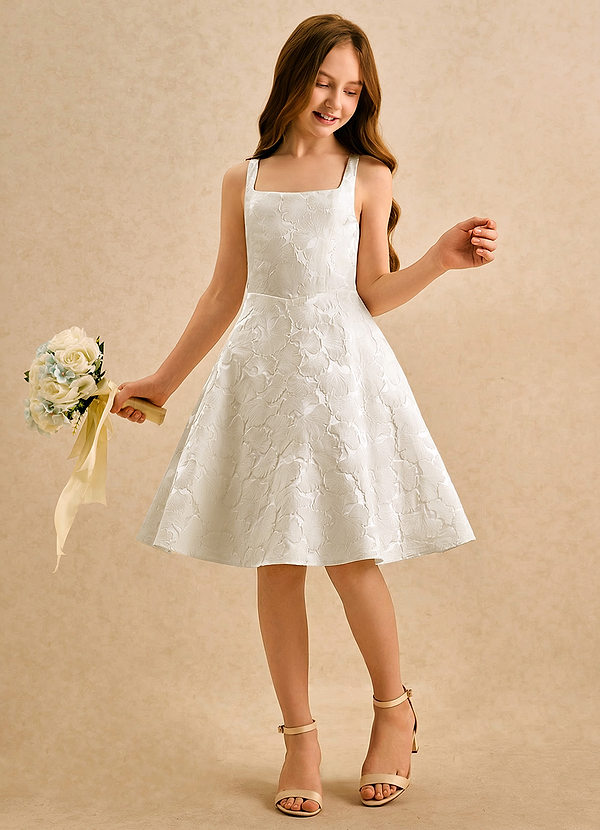 Azazie Peppy Girls Formal Blumenkinder Kleider A-Linie Schleifen Blumen-Jacquard Kleid Französisches Weiß image1