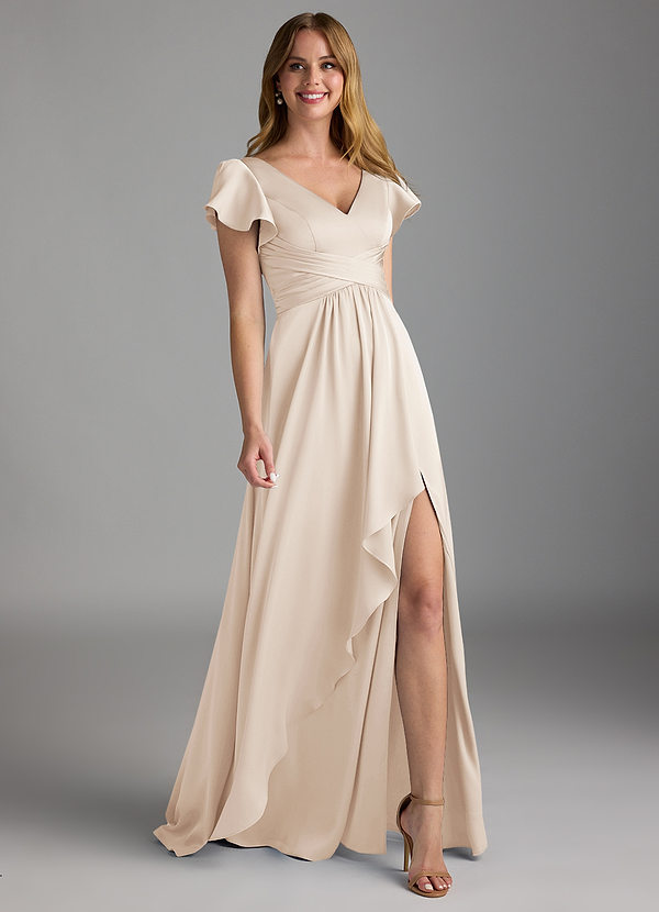 Azazie Omari Bruidsmeisjes Jurken Jurk van Stretch Satijn met A-Lijn Wit Albast image1