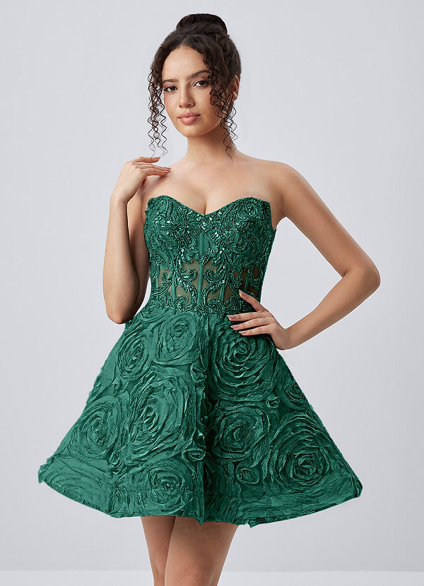 Mathilde Dark Green Strapless 3D Rose Mesh Corset Skater Mini Dress image1