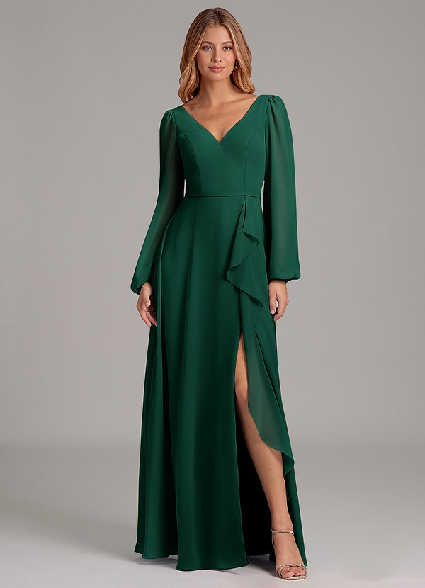 Azazie Simone 신부 들러리 드레스 A라인 긴팔 쉬폰 바닥 길이 드레스 image1