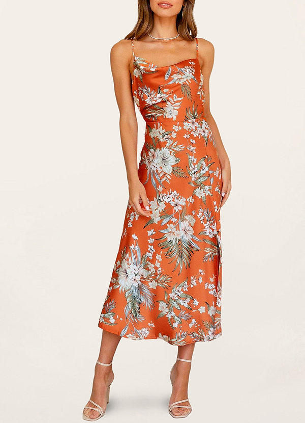 front Remarkable Beauty Orange Floral Satin Midi Dress