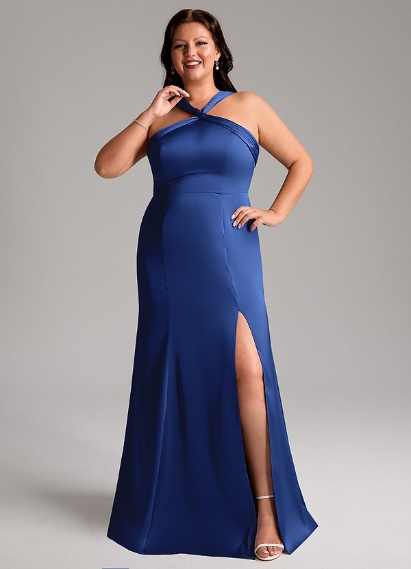 Azazie Rue Robes Demoiselle d'honneur Robe Trapèze en Satin extensible Plissée Bleu Roi image1