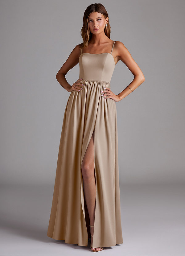 Azazie Calianna Brautjungfernkleider Wandelbar A-Linie Schulterfrei Stretch-Satin Kleid Taupe image1