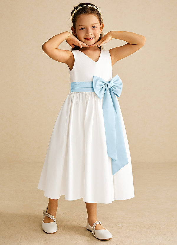 Azazie Darling Flower Girl Dresses Ivory Sky Blue A-Line Bow Cotton Dress image1
