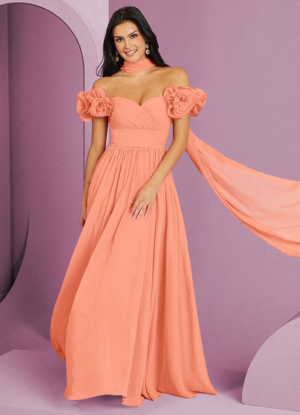 Barbie ♥ Azazie Suknie dla druhen Rozkloszowana sukienka z odkrytymi ramionami, falbaną i rozetkami image1