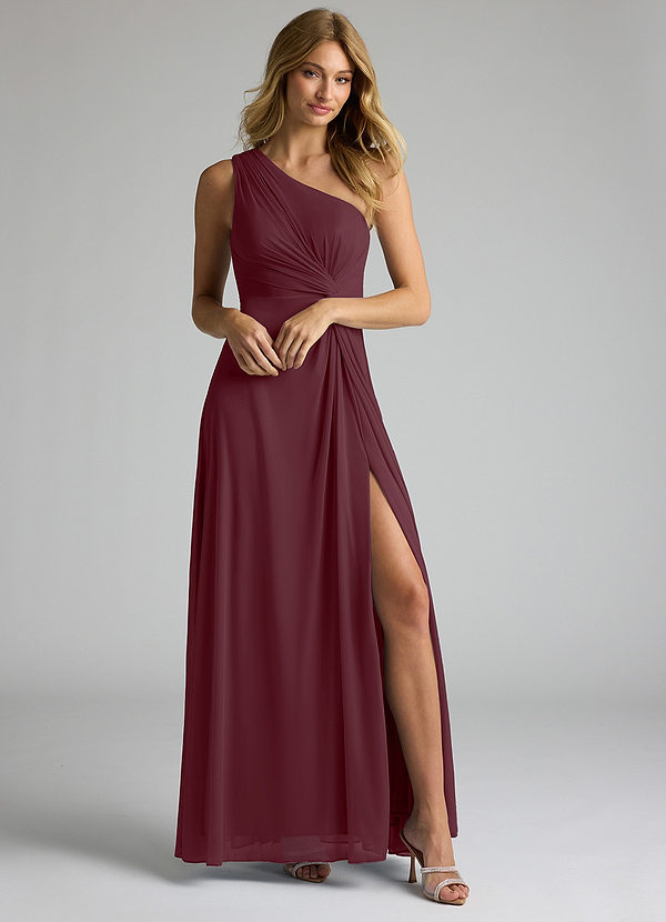 Azazie Brooke Vestidos de dama de honor Vestido de Cabernet de Malla de Corte En A con Hombro unilateral image1