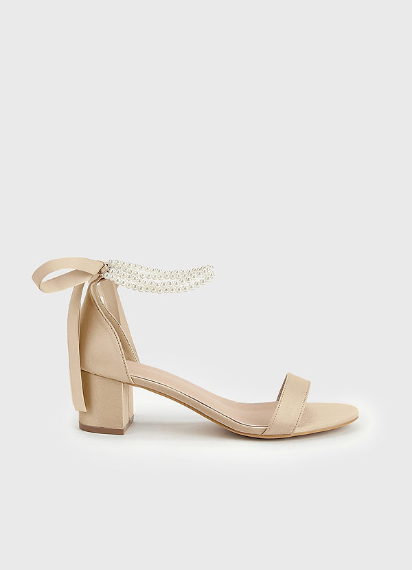 front Matching Color Matte Satin Pearl and Bow Open Toe Chunky Heel Sandals