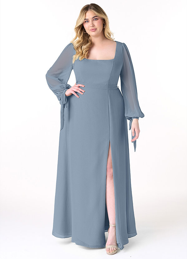 Azazie Leonia Bridesmaid Dresses Dusty Blue A-Line Long Sleeve Chiffon Dress image1