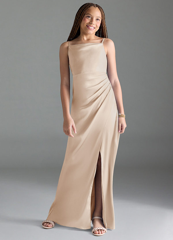 Azazie Leonis Junior White Alabaster A-Line Pleated Stretch Satin Dress image1