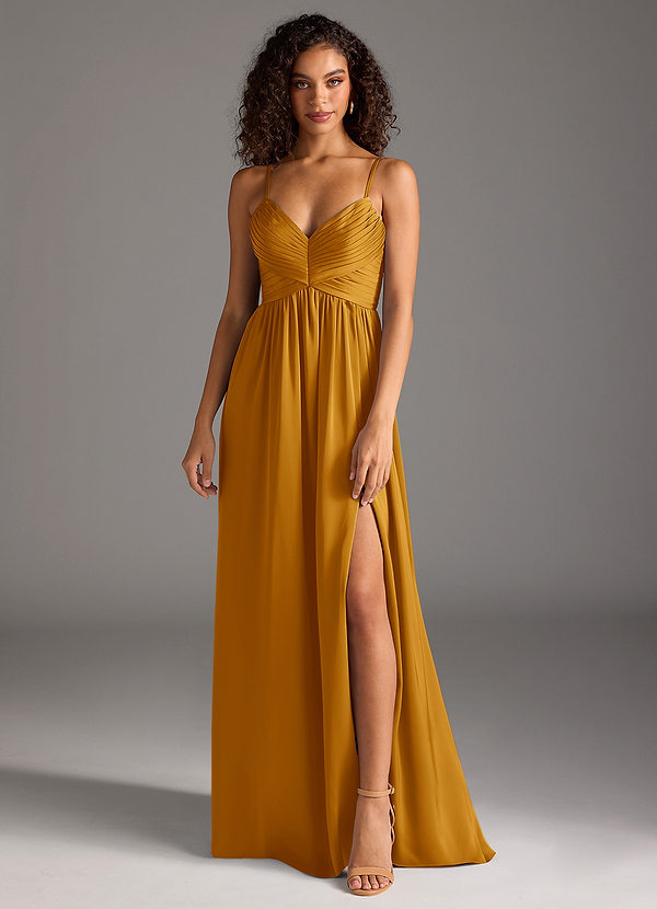 Azazie Alia Bridesmaid Dresses Butterscotch A-Line Pleated Stretch Satin Dress image1