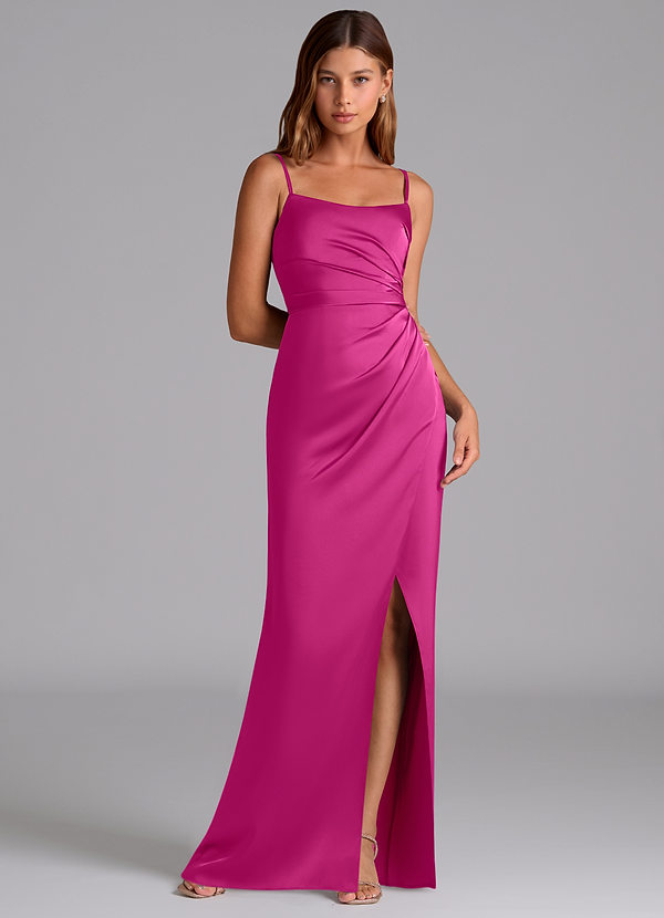 Azazie Calandra Bruidsmeisjes Jurken Jurk van Stretch Satijn met A-Lijn Geplooid Fuchsia image1