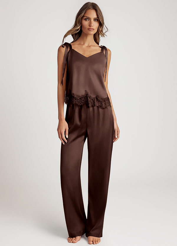 front Ganache Lace Trim Satin Cami & Wide Leg Long Pants Pajama Set