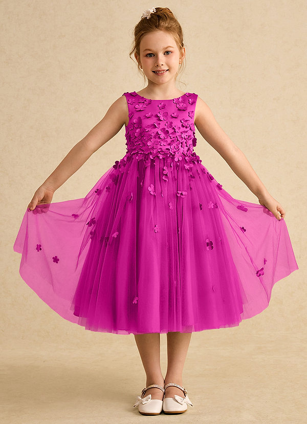 Azazie Lana Flower Girl Dresses Fuchsia A-Line Sleeveless Matte Satin Dress image1