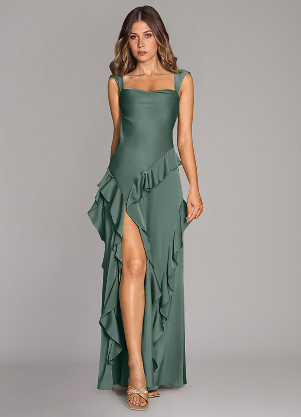 Azazie Sloane Bridesmaid Dresses Vestido Musgo Marinho de Cetim elástico de Linha A com Decote em coração image1