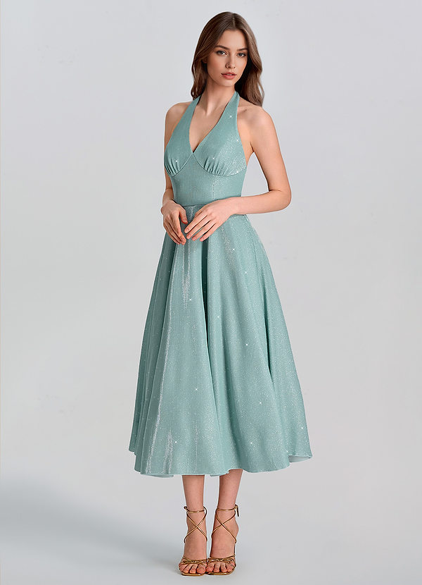 Tessi Vert Clair Robe midi trapèze à nœud dans le dos et paillettes image1