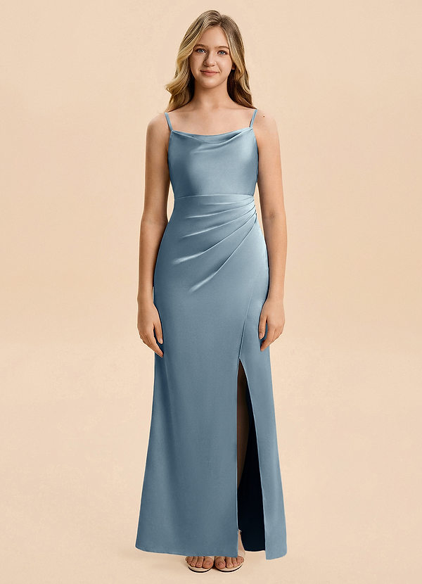 Azazie Christen Junior Vestido de Azul Polvoriento de Satén Elástico de Corte en A con Plisado image1