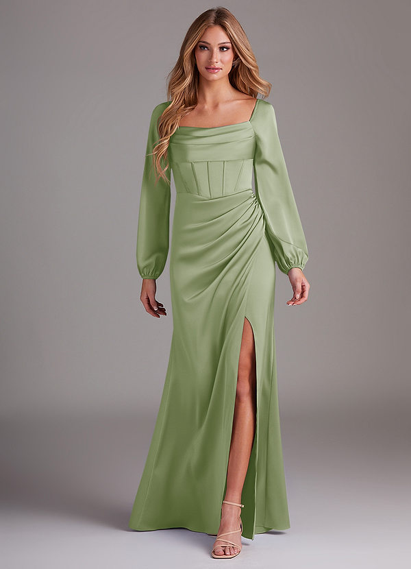 Azazie Charissa Bridesmaid Dresses Dusty Sage Sheath Long Sleeve Stretch Satin Dress image1