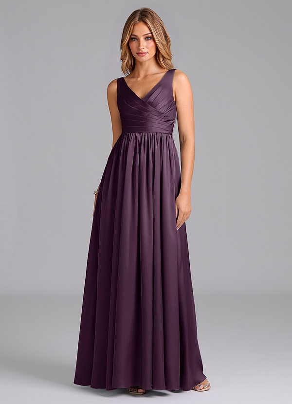 Azazie Keyla Bridesmaid Dresses Plum A-Line Pleated Stretch Satin Dress image1