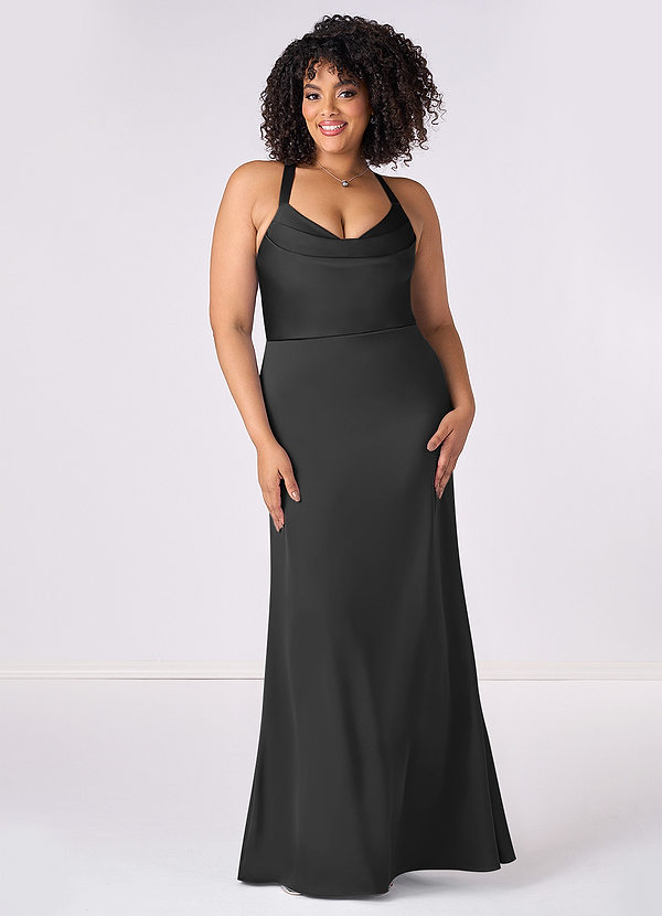 Barbie ♥ Azazie Bridesmaid Dresses Black Mermaid Pleated Stretch Satin Dress image1