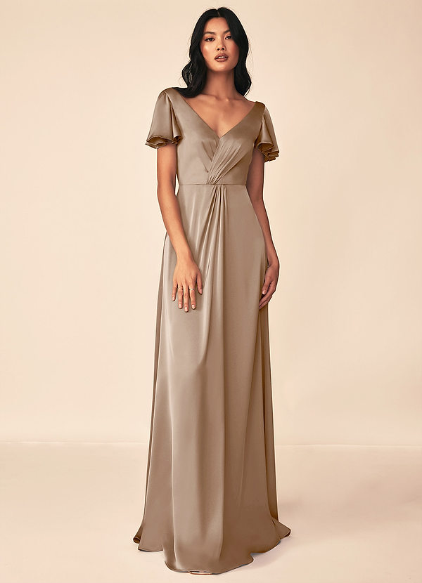 Azazie Soren Bridesmaid Dresses Taupe A-Line Pleated Stretch Satin Dress image1