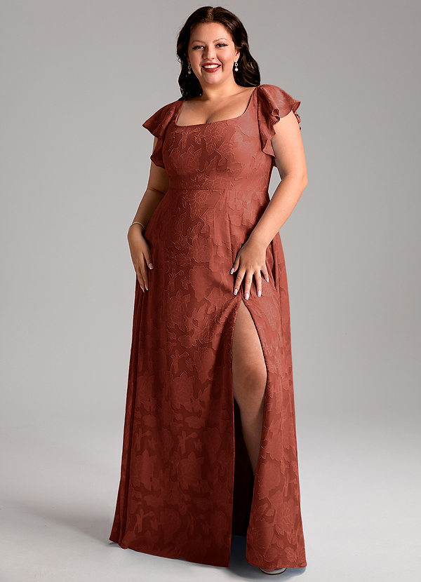 Azazie Bondi Bridesmaid Dresses Terracotta A-Line Side Slit Floral Burnout Dress image1