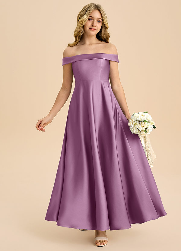 Azazie Sissy Junior Wisteria A-Line Off the Shoulder Stretch Satin Dress image1