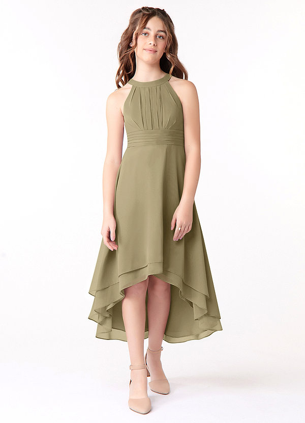 Azazie Linna Junior Vestido de Musgo Verde de Gasa de Corte En A con Plisado image1