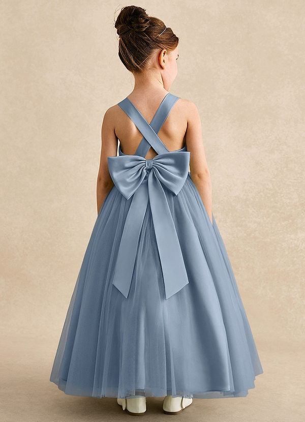 Azazie Peanut Robes de Fillette d'Honneur Robe Trapèze en Tulle Bretelle Bleu Poussiéreux image1