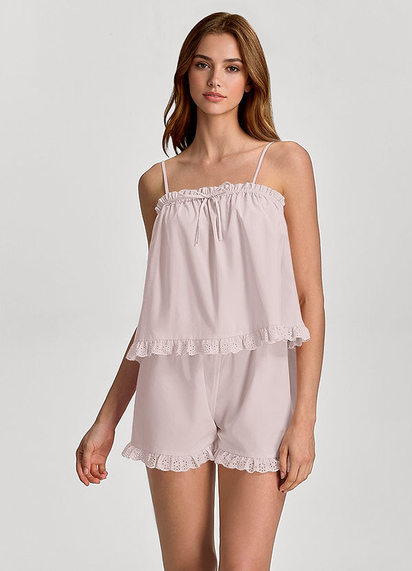 front Zartrosa Pyjama-Set aus gewebtem Baumwoll-Top mit Rüschen und Shorts